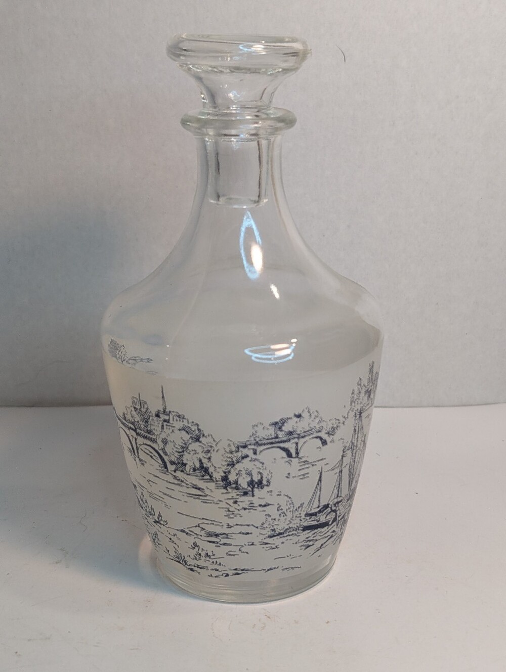 Indigo Decanter Carafe Bottle France Countryside Blue & White Vintage.
